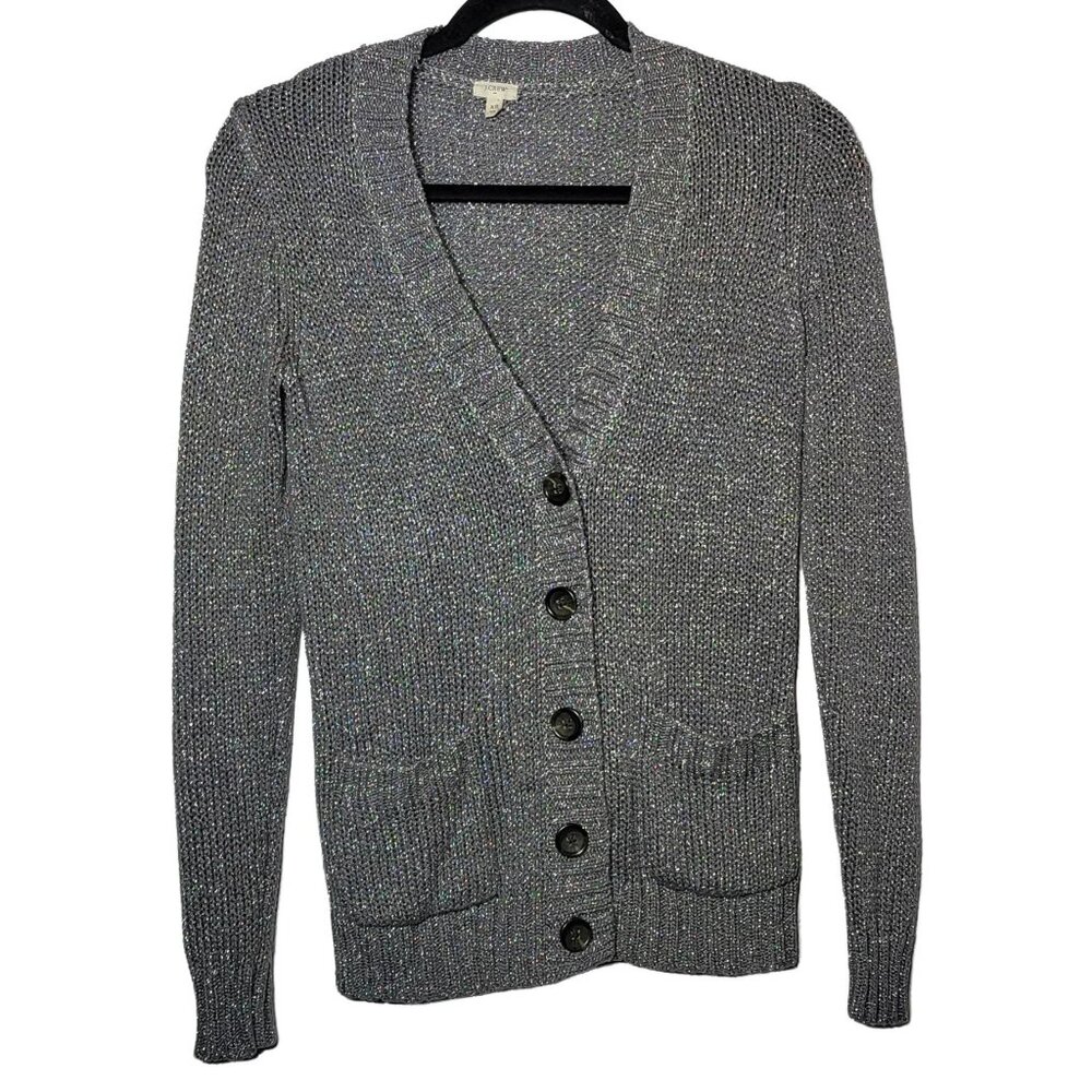 J Crew Womens Gray Metallic Button Front Cardigan Sweater Size XS Glitter Preppy